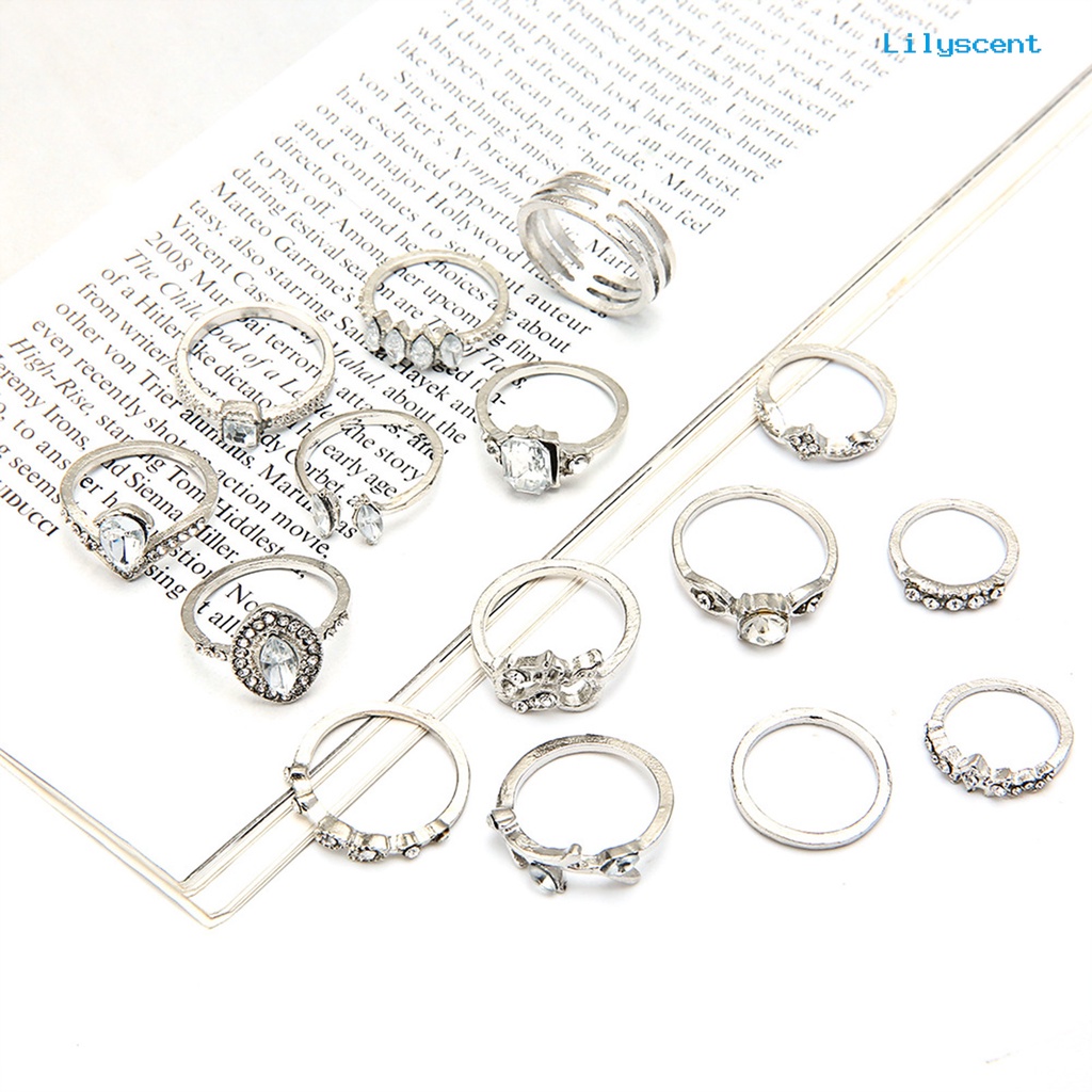 15pcs Cincin Jari Warna Silver Model Hollow Out Untuk Wanita