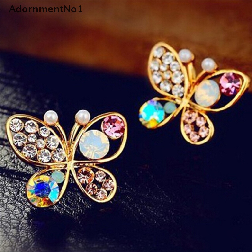 (AdornmentNo1) Anting Tusuk Bentuk Kupu-Kupu Aksen Hollow + Kristal + Berlian Imitasi Untuk Perhiasan Wanita Butterfly