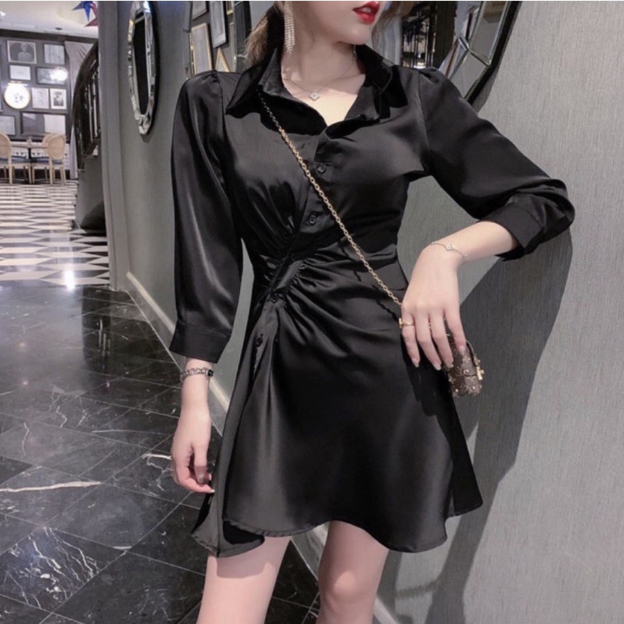 BLOUSE KEMEJA MINI SATIN SILK IMPORT DRESS BLACK WHITE KOREAN LOOK NEW