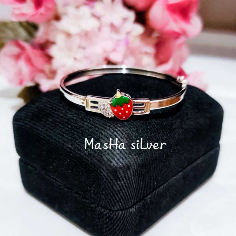 GELANG ANAK PERAK ASLI SILVER 925 BANGLE BULAT STRAWBERRY ASLI LAPIS MAS PUTIH