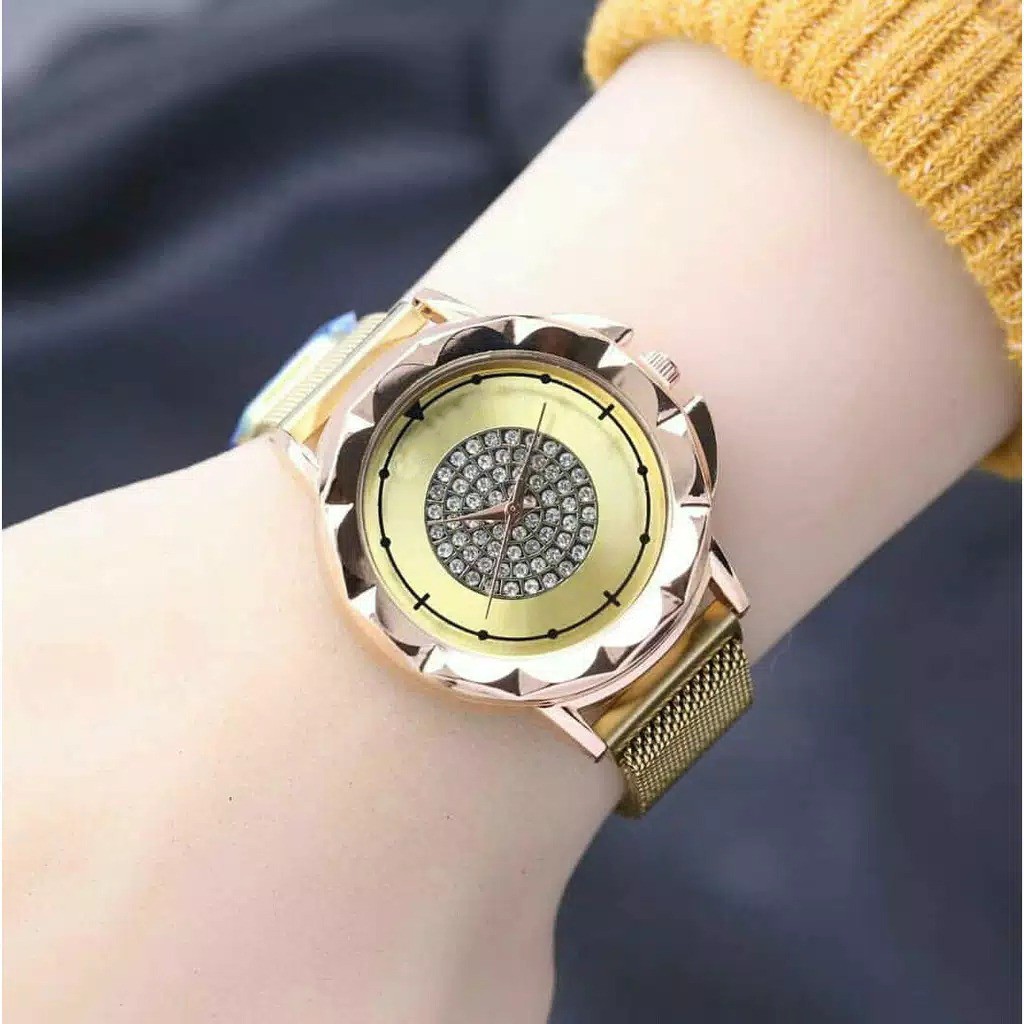 BAJ JAM TANGAN WANITA ANALOG RANTAI PASIR MAGNET KOREA FASHION BUNGA DAISY QUARTZ MURAH GROSIR CH006