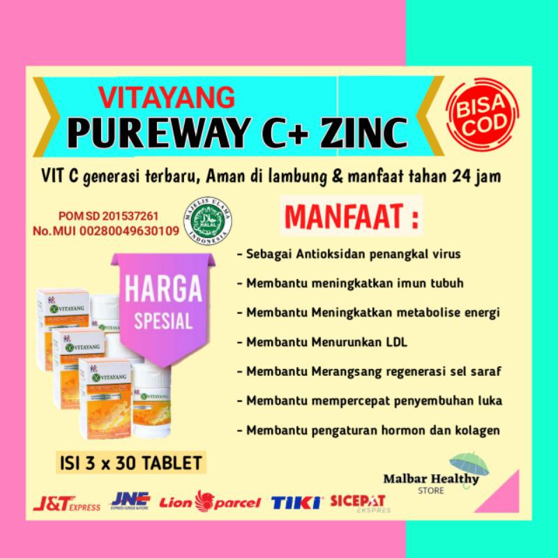 Vit C + Zink 500mg  Generasi Terbaru Anti Corona 3 x 30 tab = 90 tab Aman Di Lambung | Tahan 24 jam