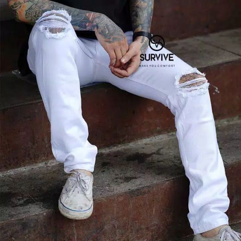 CELANA JEANS PRIA SOBEK PUTIH