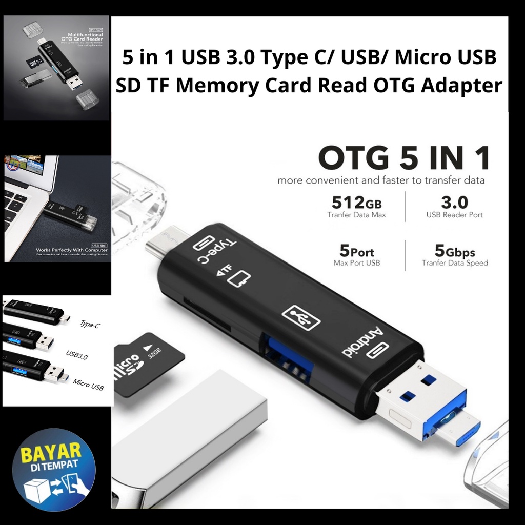 Flash disk  5 in 1 USB 3.0 Type C USB Micro USB SD TF Memory Card Read Adaptor HUB Handphone Card Reader