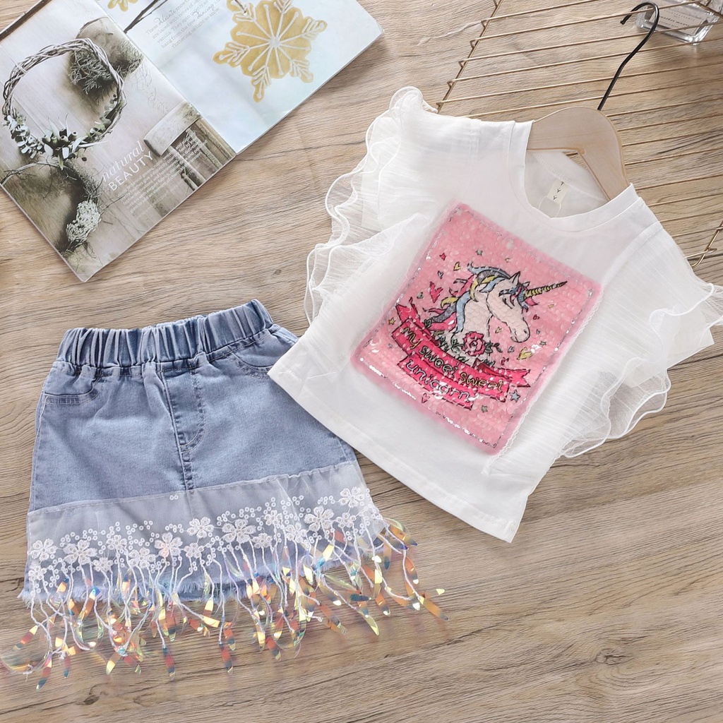 SSP22-Setelan Set Anak Perempuan Sequin Unicorn
