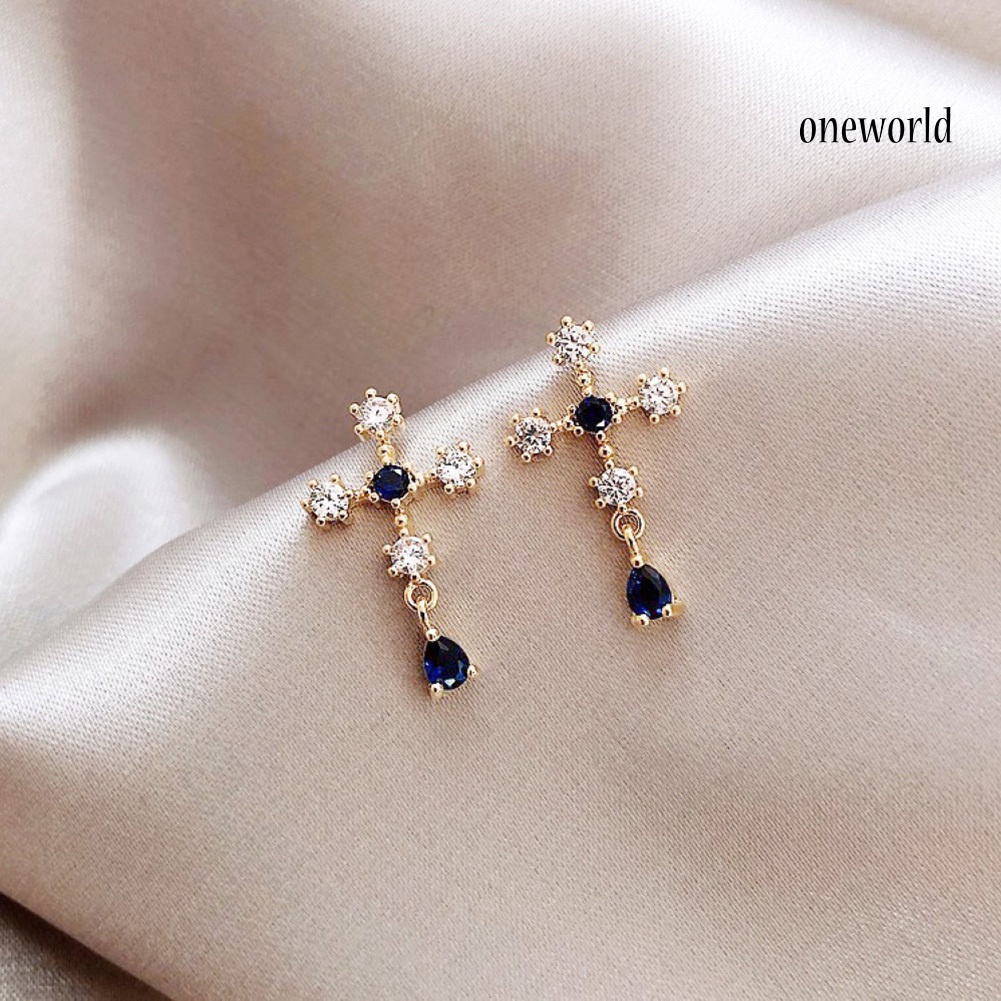 OW# Fashion Women Faux Sapphire Rhinestone Alloy Cross Ear Stud Earrings Jewelry Gift