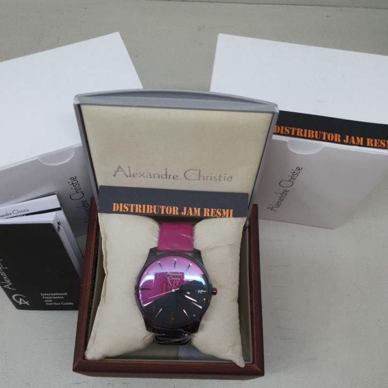 Jam Tangan Wanita Alexandre Christie AC8532MH AC 8532 MH AC8532 MH AC 8532MH Black Pink Leather