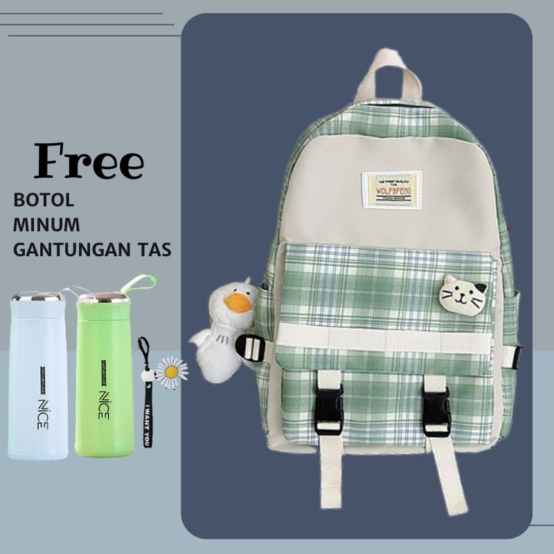 GTB~Tas Ransel Sekolah Anak Tas Sekolah Wanita Kotak Kotak Terbaru Free Botol Minum