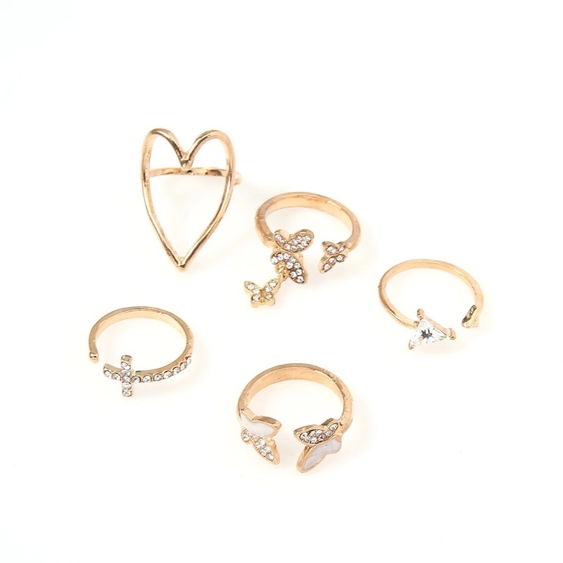 5 Pcs Cincin Jari Desain Kupu-Kupu Hati Segitiga Silang Hollow Aksen Kristal Untuk Wanita