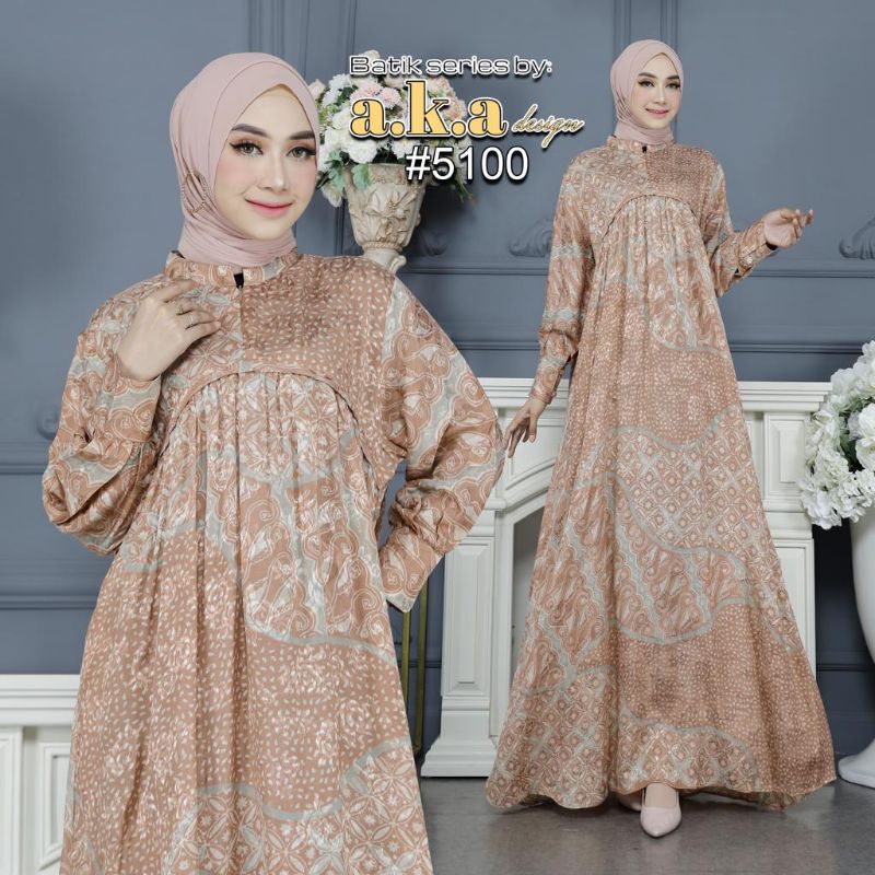 [5100]Gamis Batik Semi Sutra Resleting Depan Tangan Kancing // Kode AKA