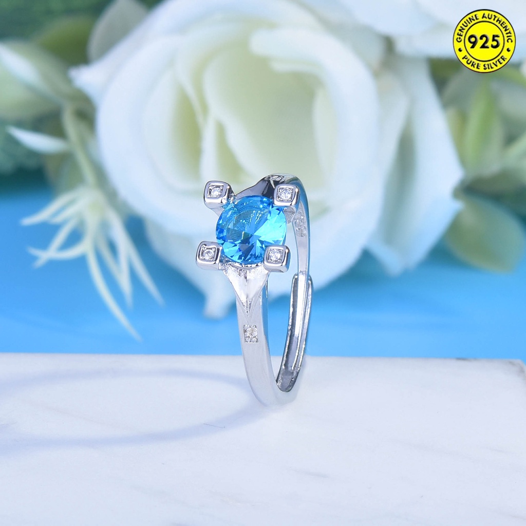 Cincin S925 Silver Model Terbuka Aksen Berlian Biru Laut