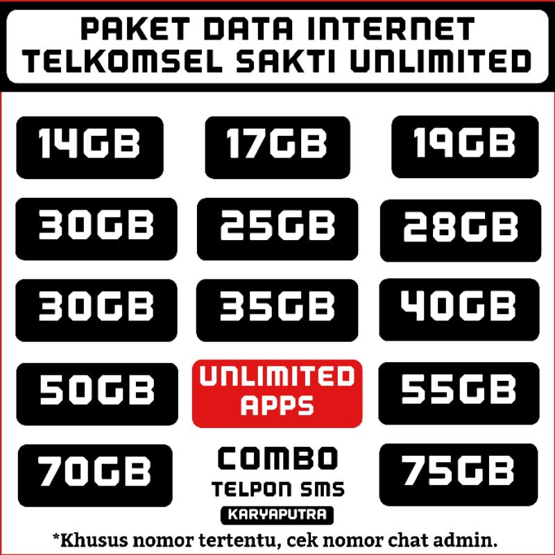 PAKET DATA TELKOMSEL NEW SAKTI COMBO UNLIMITED 13GB 17GB 19GB 22GB 25GB 35GB 40GB 50GB 75GB TSEL