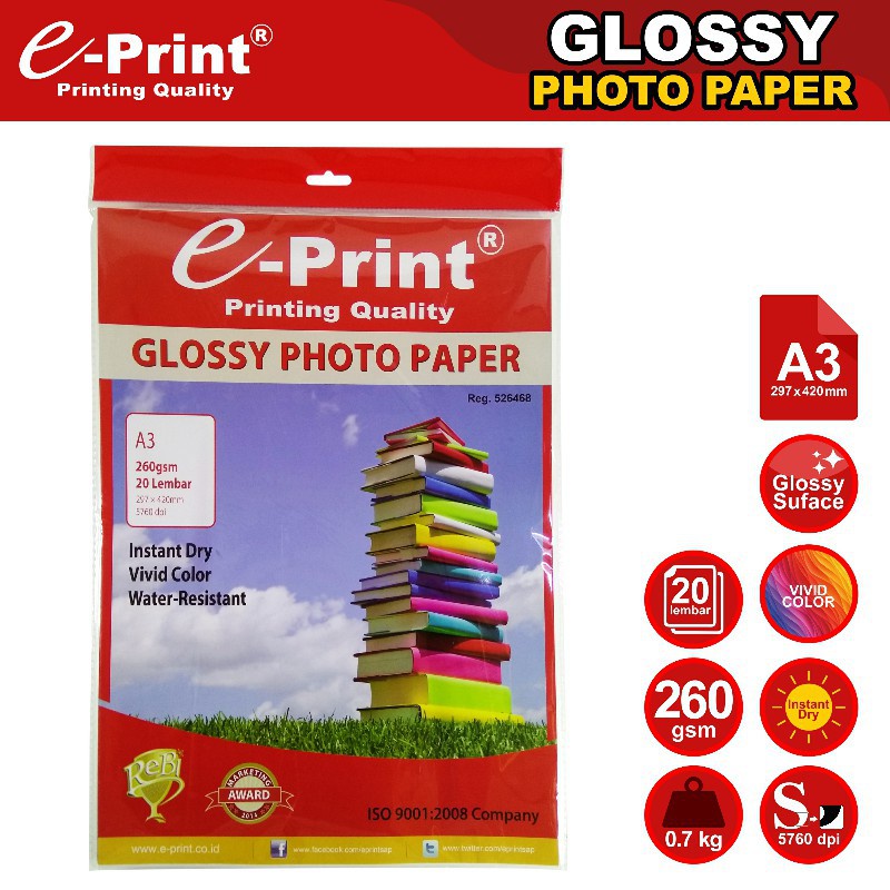 

KERTAS GLOSSY PHOTO PAPER A3 E-PRINT [20 SHEET/260 GSM] / CETAK POTO BACK PRINT FOTO PAPER