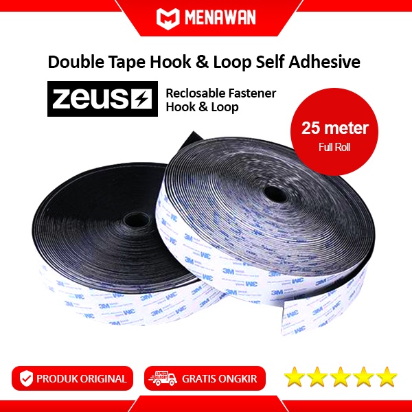 Zeus Double Tape Magic Reclosable Fastener Hook &amp; Loop Velcro Isolasi Lakban Pita Perekat 3M Per Roll