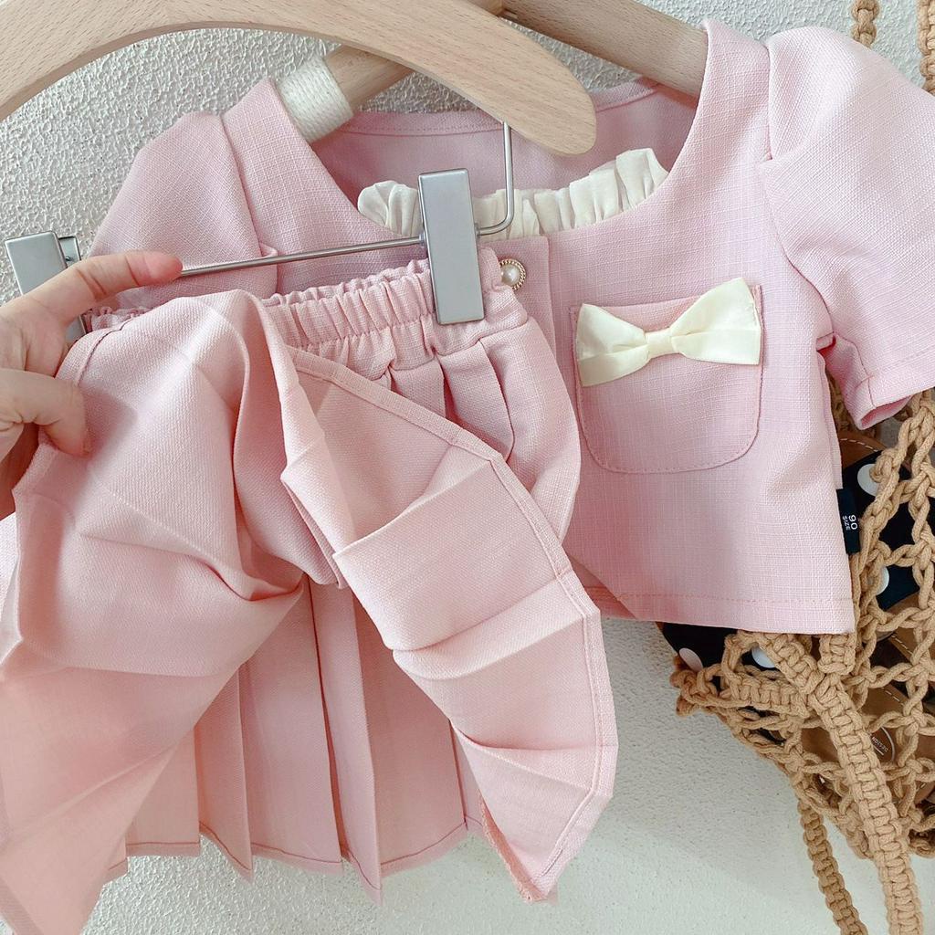 Setelan Anak Perempuan Korean Style Pink Saku Pita+Rok Lipit