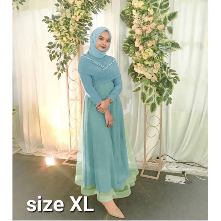 ELDE 12 - DRESS MAXI PRICILLA SIZE M L XL bahan moscrepe aplikasi mutiara tembak mewah dibawah mostcrepe lapis organza full keliling sleting dan karet blkg-MINT