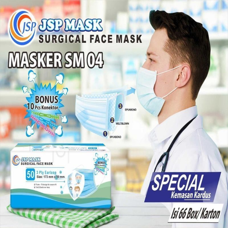 ready✓Masker medis jsp earloop biru hijau hitam sm04 nonhijab hijab 3ply box isi 50pcs