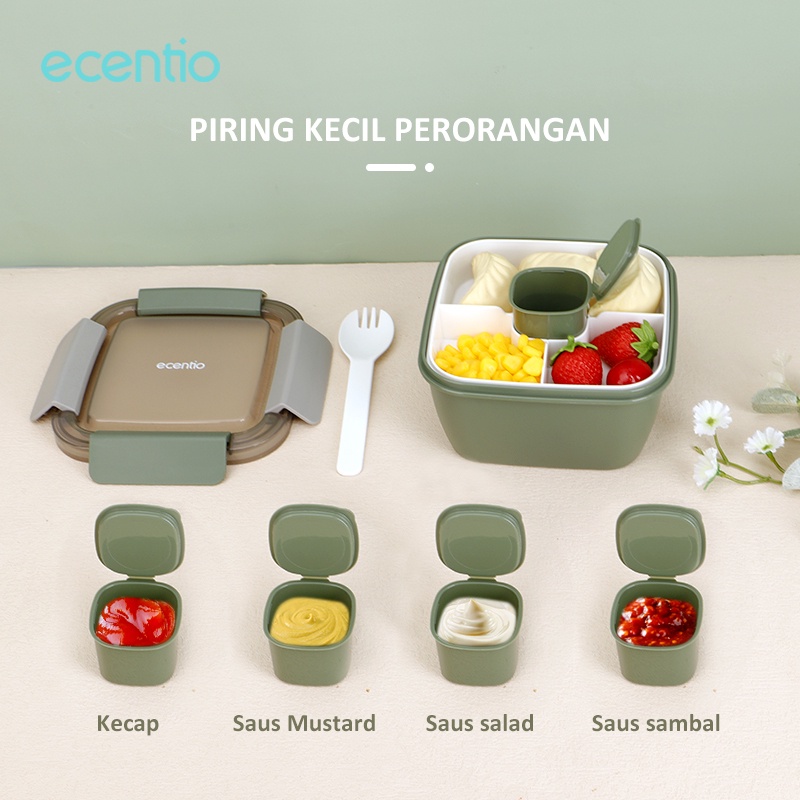 ecentio 1.1L Kotak Makan Double layer Tempat Bekal Makan Set Sendok Lunch Box Set BPA Free Dengan sambal/sauce cup