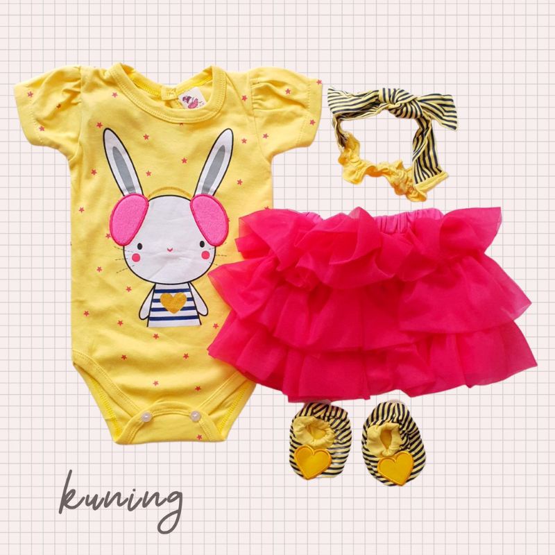 SETELAN BAJU BAYI PEREMPUAN JUMPER  TUTU 4IN1 0-12 BULAN FREE SEPATU &amp; BANDO / SETELAN JUMPER TUTU BAYI CEWEK KELINCI JUMPER SET / Romper bayi newborn 3  bulan 12 bulan baby cewek kelinci rabbit jumper set perempuan dress bayi ulang tahun 1 tahunan