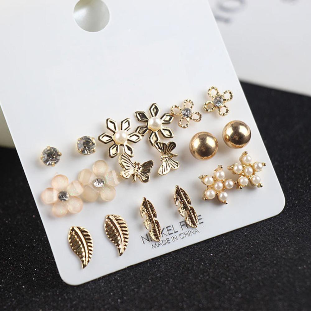 Timekey 9 Pasang / Set Anting Tusuk Desain Bunga Geometri Warna Emas Untuk Wanita A2K7