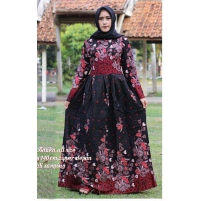 Batik couple keluarga Sania ruffle ORI ndoro jowi motif sakura merah-Gamis ibu