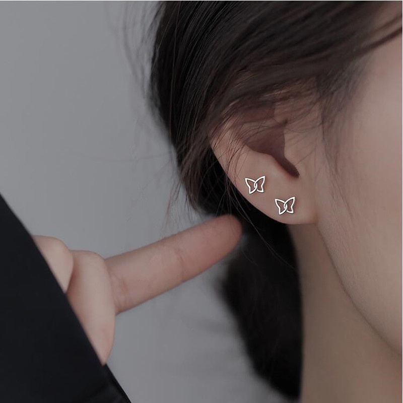 Roselife 1 Pasang Anting Tusuk Gantung Sterling Silver 925 Desain Kupu-Kupu Mini Hollow Untuk Wanita