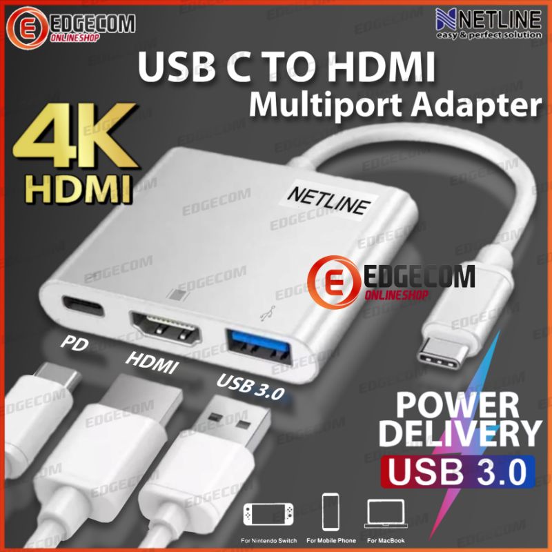 NETLINE USB 3.1 TYPE C to HDMI 4K USB 3.0 USB C PD MultiPort Adapter