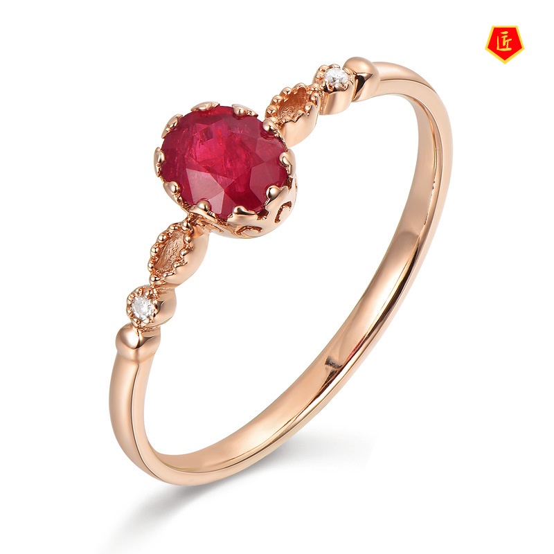 [Ready Stock]925 Silver 14K Rose Gold Oval Delicate Ruby Ring