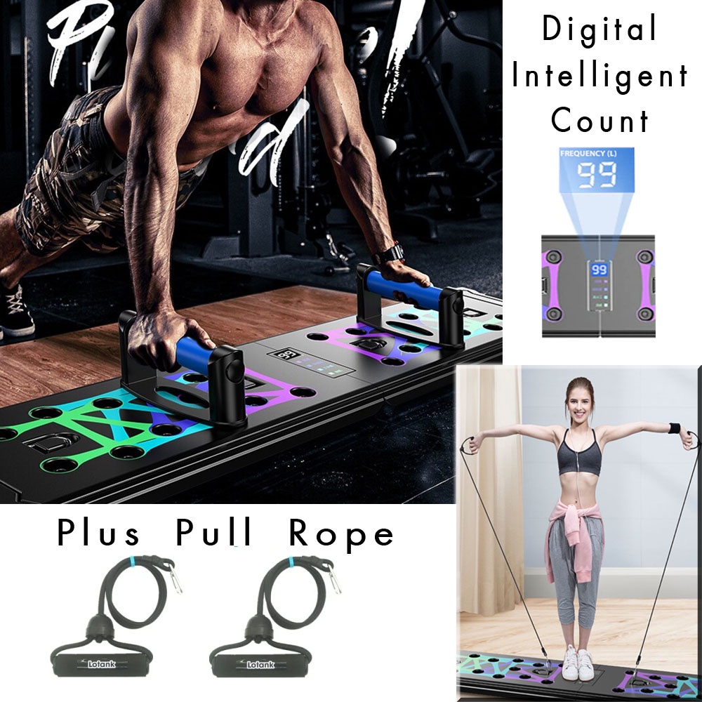 Push Up Training Board Papan Push-up Digital Plus Pull Rope Training Board Counter Display with Pull Ropes Gym Sports Portable Fitness Equipment Counting Folding Push Up Board Multifunctional Exercise Table Abdominal Muscle pitnes fitnes olahraga