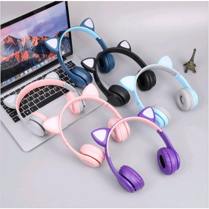 HEADSET HANDSFREE LED BANDO CAT MACARON BLUETOOTH MICRO SD MZ-P47