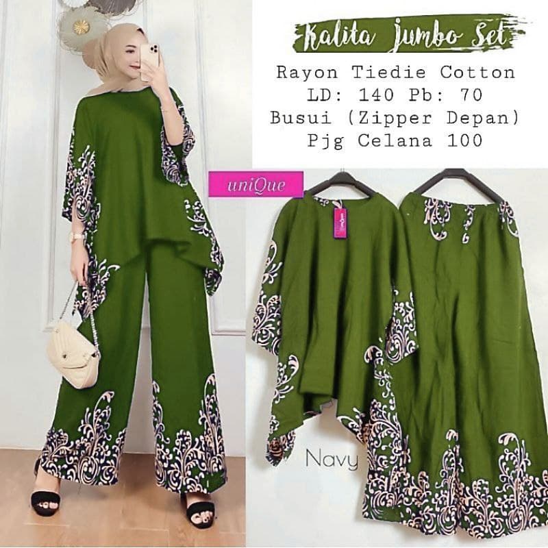 Kalita Set Jumbo - One Set Jumbo Katun Rayon Tidie Premium Busui Setelan Wanita Waka Waka Set Celana Panjang Bigsize LD 140 cm