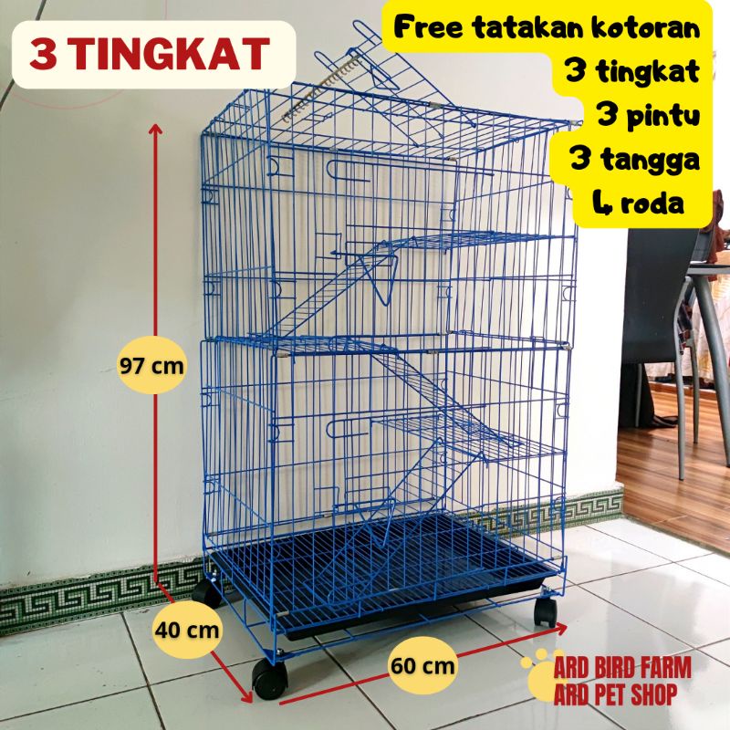 Kandang besi lipat kucing anjing kelinci 3 tingkat size L XL termurah 60x40x100 cm dengan roda