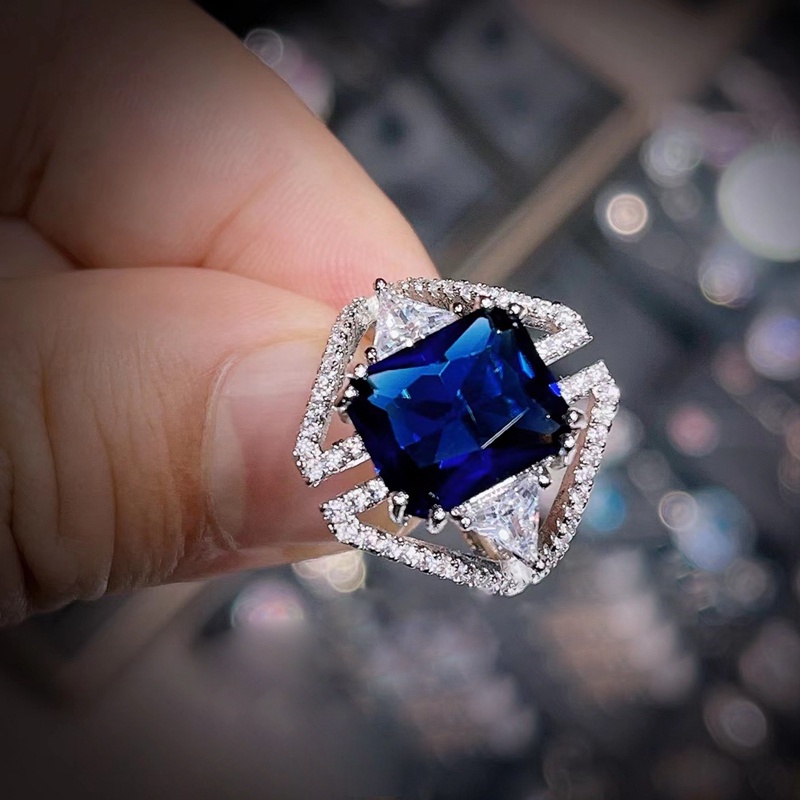 Perhiasan Cincin Cubic Zirconia Bentuk Persegi Warna Biru Untuk Wanita