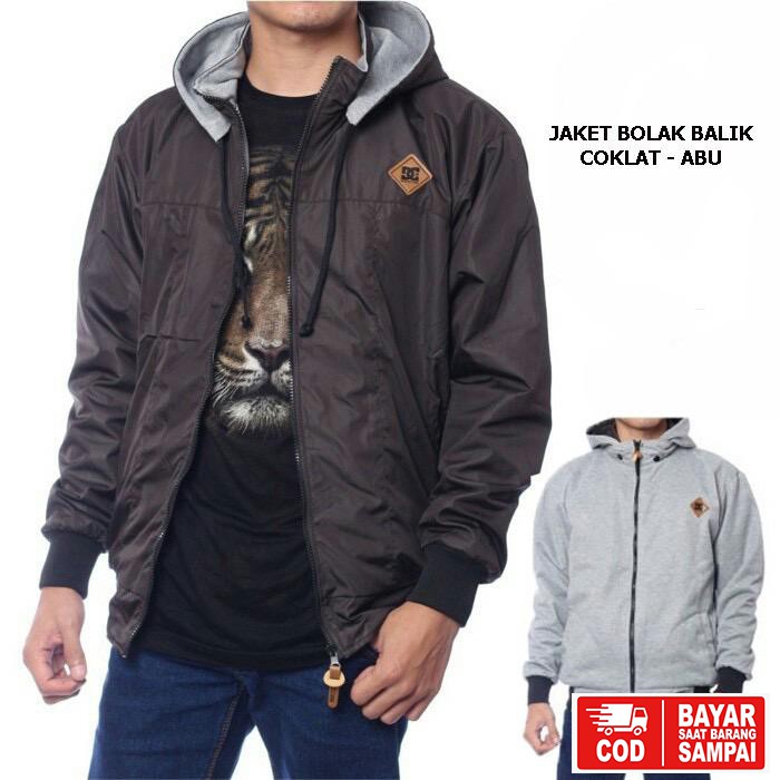 JAKET DC BOLAK BALIK / JAKET MOTOR / JAKET PARASUT HITAM-ABU-8