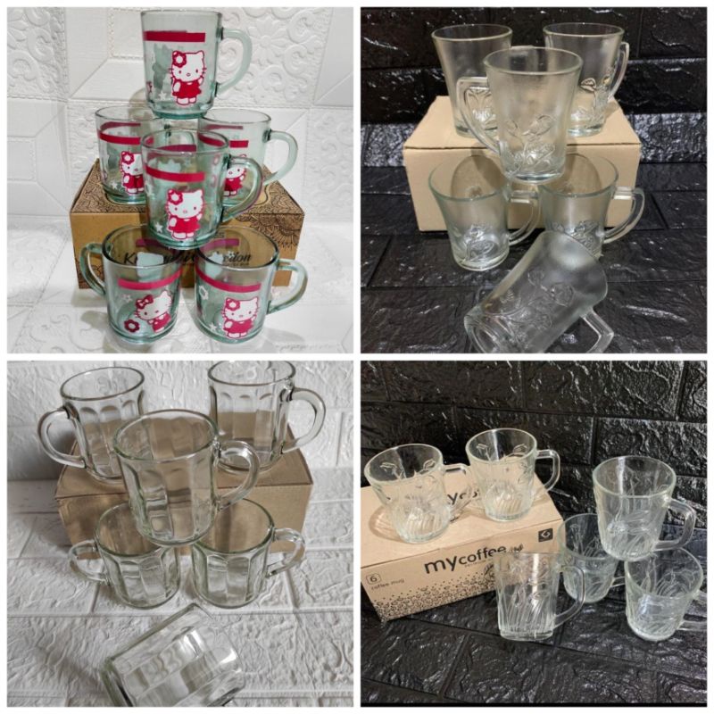 gelas kopi kaca / kopi gagang motif bunga / gelas teh motif hello Kitty 1pcs