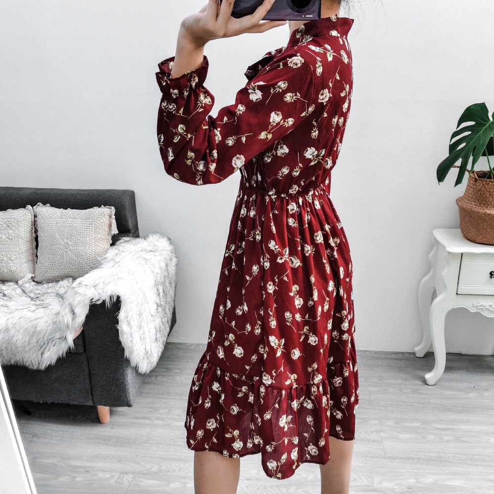 COD 2022 New Fashion Korea Red Blue Midi A-line Dress Merah Wanita Midi Dress Korea Lengan Panjang Muslimah Motif Bunga Panjang Gaun