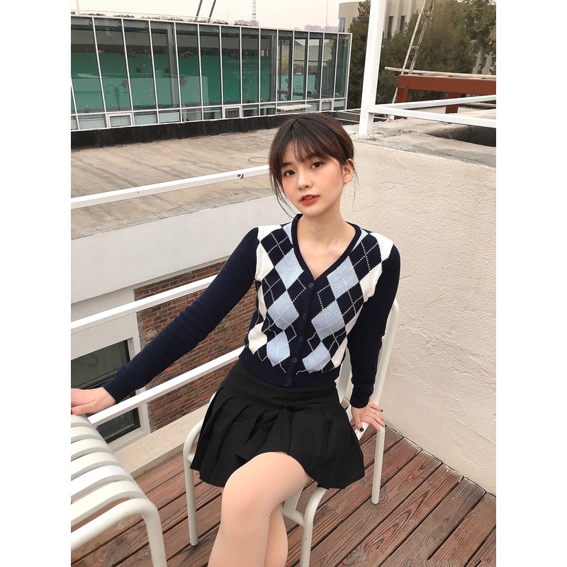 kardigan rajut lengan panjang retro kotak-kotak Korean style wanita knit Atasan crop top