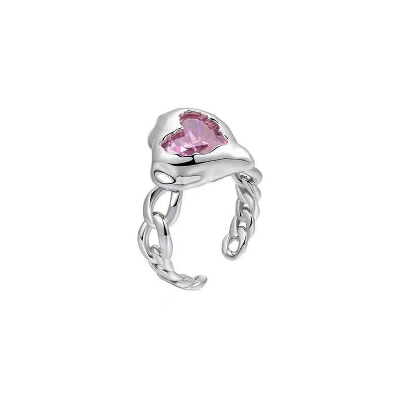 Cincin Silver Model Terbuka Dapat Disesuaikan Aksen Kristal Bentuk Hati Warna Pink Untuk Wanita