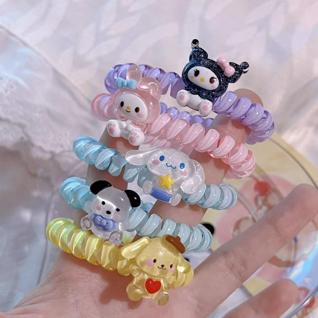 sanrio ikat rambut model kabel cinamonrol/melodi/kuromi Gelang Telepon Kartun Coil Karet Gelang Kecil Perempuan Tali Kepala Lucu Serbaguna