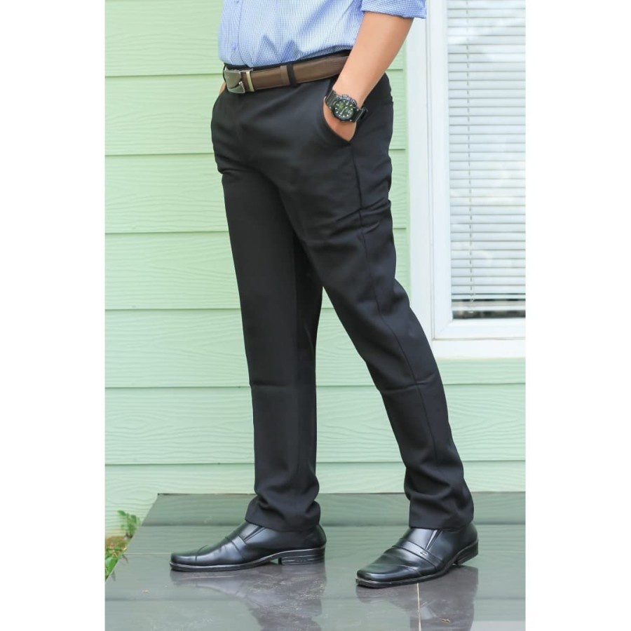 Lesta Langgeng Celana Formal Pria Panjang Slimfit Bahan Kain Gabardine Warna Hitam