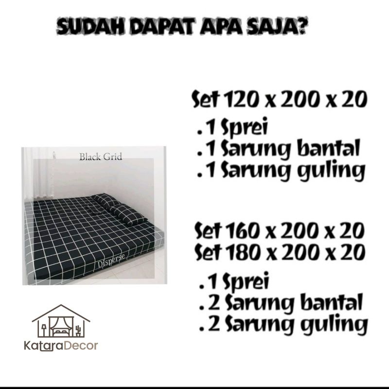 Sprei Set Plus Sarung Bantal Dan Guling Aesthetic Sprai Sprey Astetik Kotak Hitam Putih Motif Black Squre Monokrom / King / Double / Single / Ukur 90 100 120 Kamar Kos