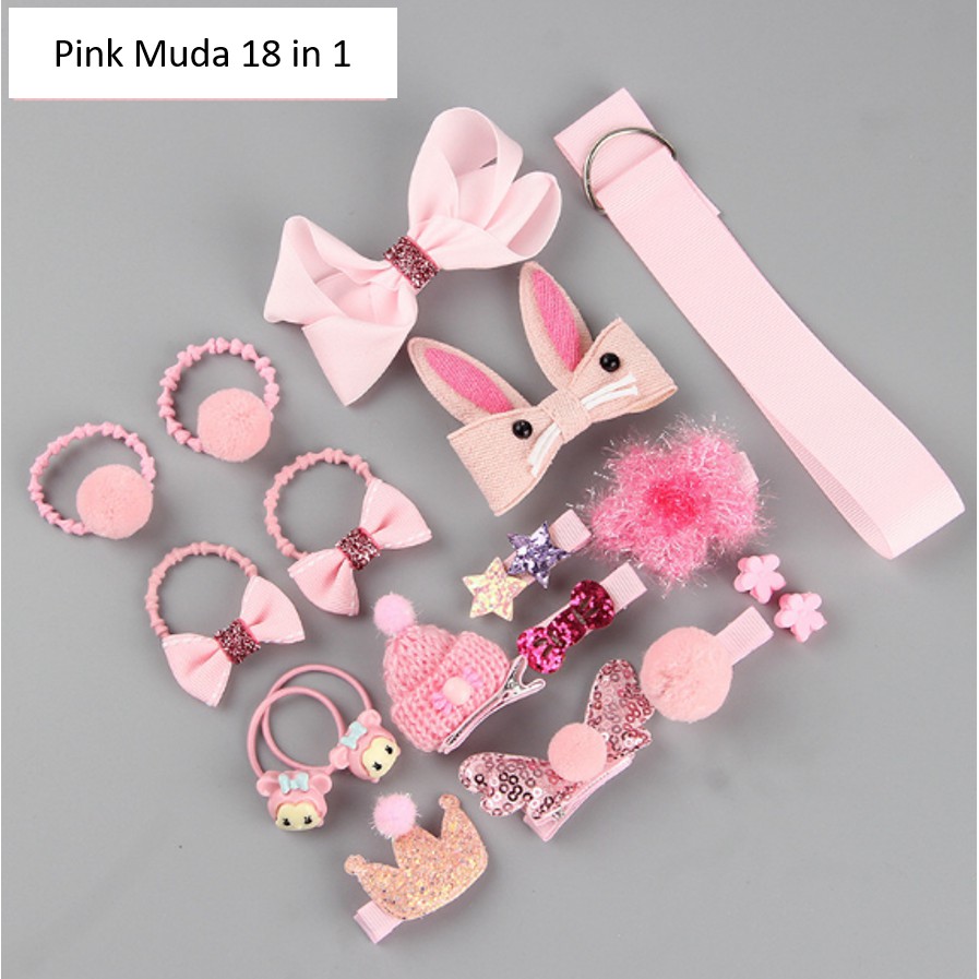 SAO - F521 Ikat Rambut 18 in 1 Fashion Wanita / Accesories Rambut Import / Jepit Rambut / Souvenir Aksesoris Rambut-Pink Muda