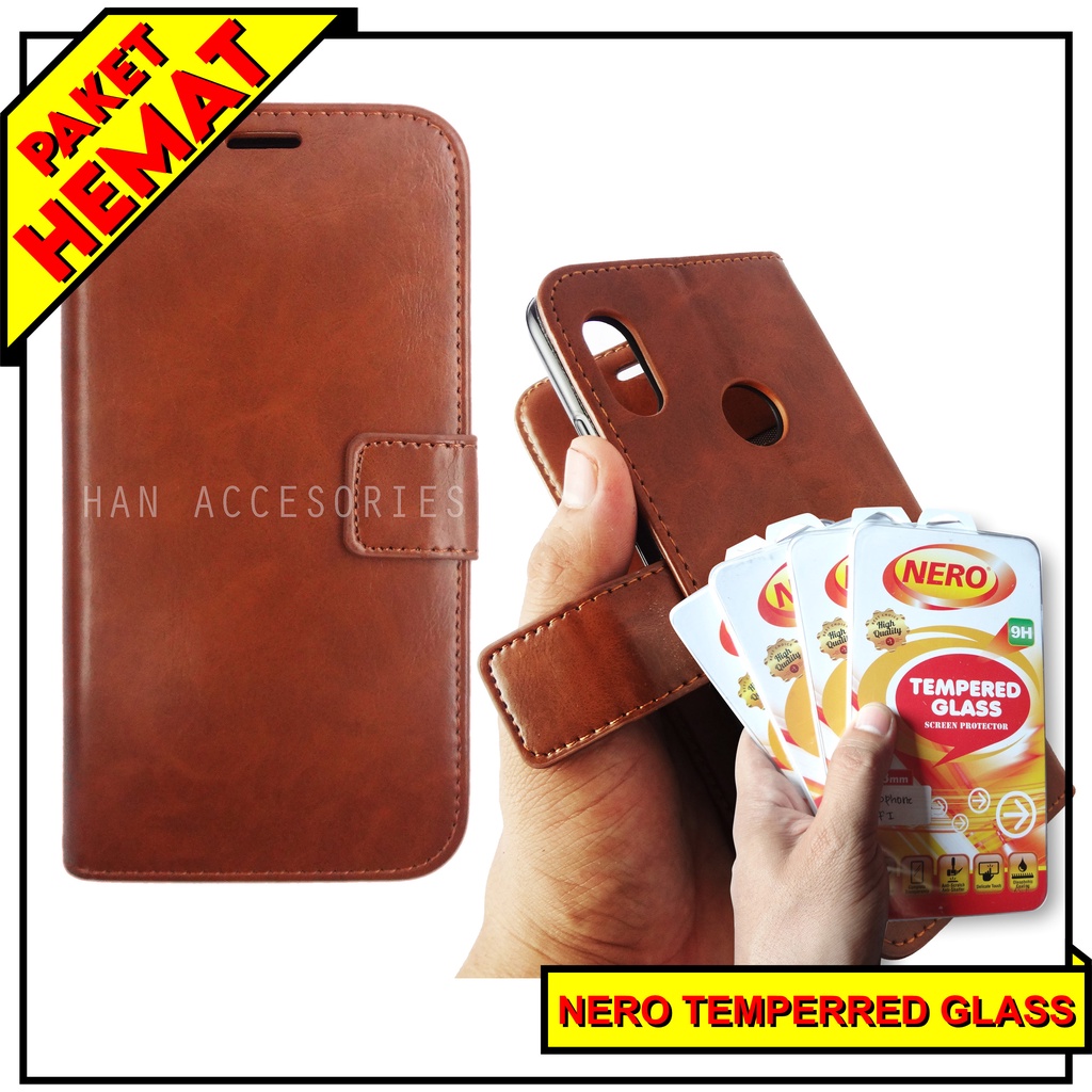 (PAKET HEMAT) Fashion Selular Flip Leather Case REALME 3/REALME 3 PRO Flip Cover Wallet Case Flip Case + Nero Temperred Glass