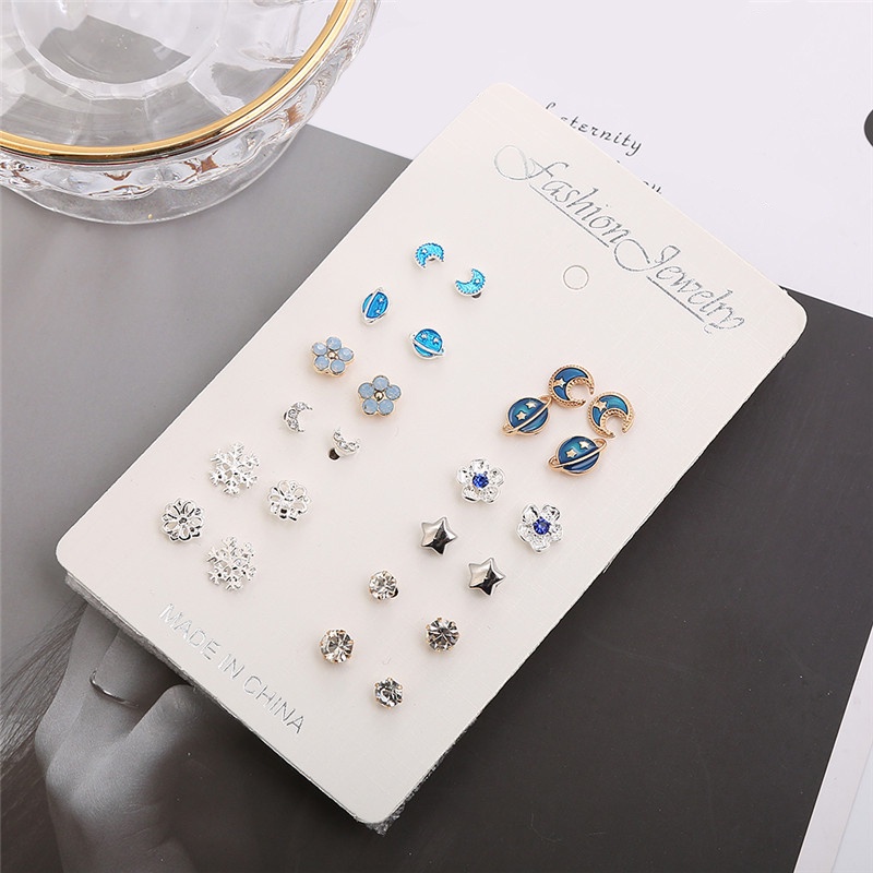 [12 Pairs Mixed Styles Rhinestone Geometric Moon Earth Stars Korean Studs Earrings Set] [Girls Simple Sweet Earrings ][ Korean INS Style Studs Earrings Party Ear Jewelry]