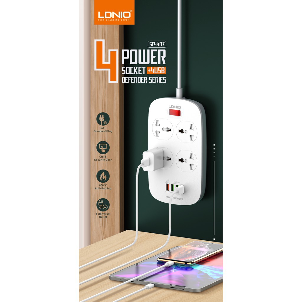 LDNIO SC4407 Defender Series - Colokan Listrik 4 Socket 4 USB QC 3.0