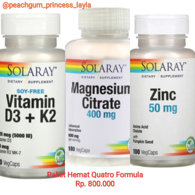 Paket Quatro Formula Solaray Vitamin K2 D3 5000IU 120 caps, Magnesium 180 caps, dan Zinc100 caps