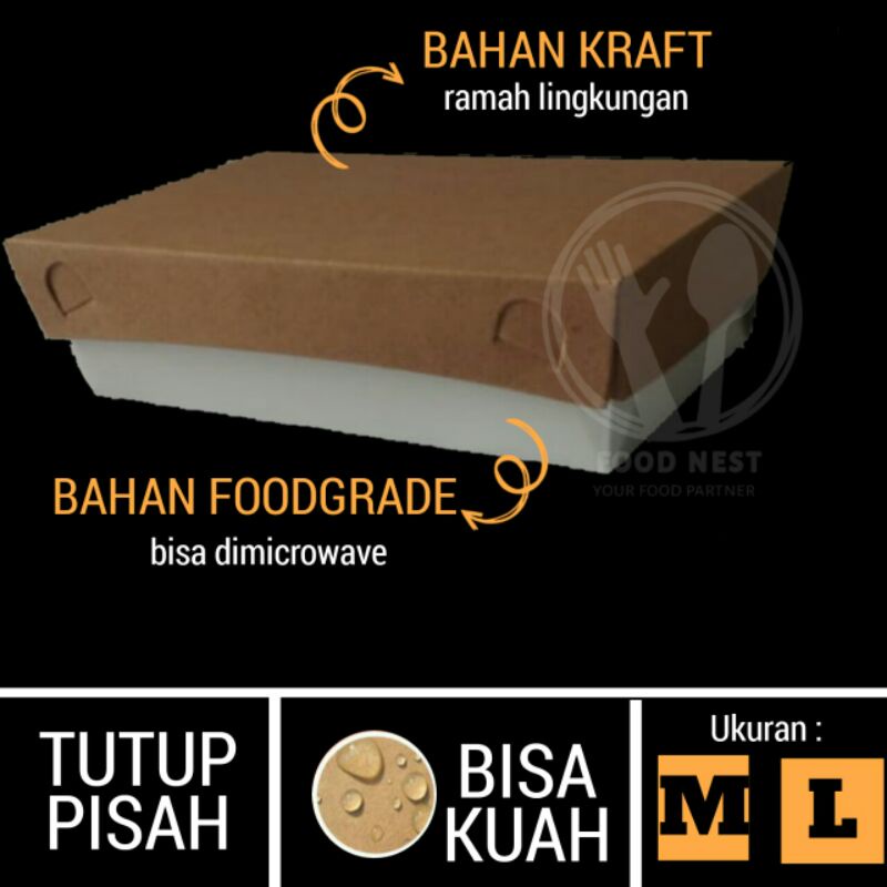 LUNCH BOX KOMBINASI FOODGRADE MEDIUM KEMASAN MAKANAN KEKINIAN KARDUS MAKAN NASI TUTUP PISAH KRAFT