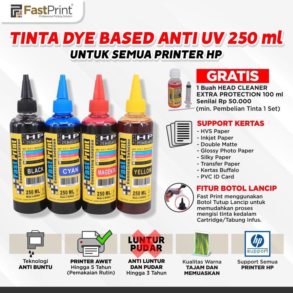 Tinta Dye Based Anti UV 250ML 1 Set 4 Warna Printer HP