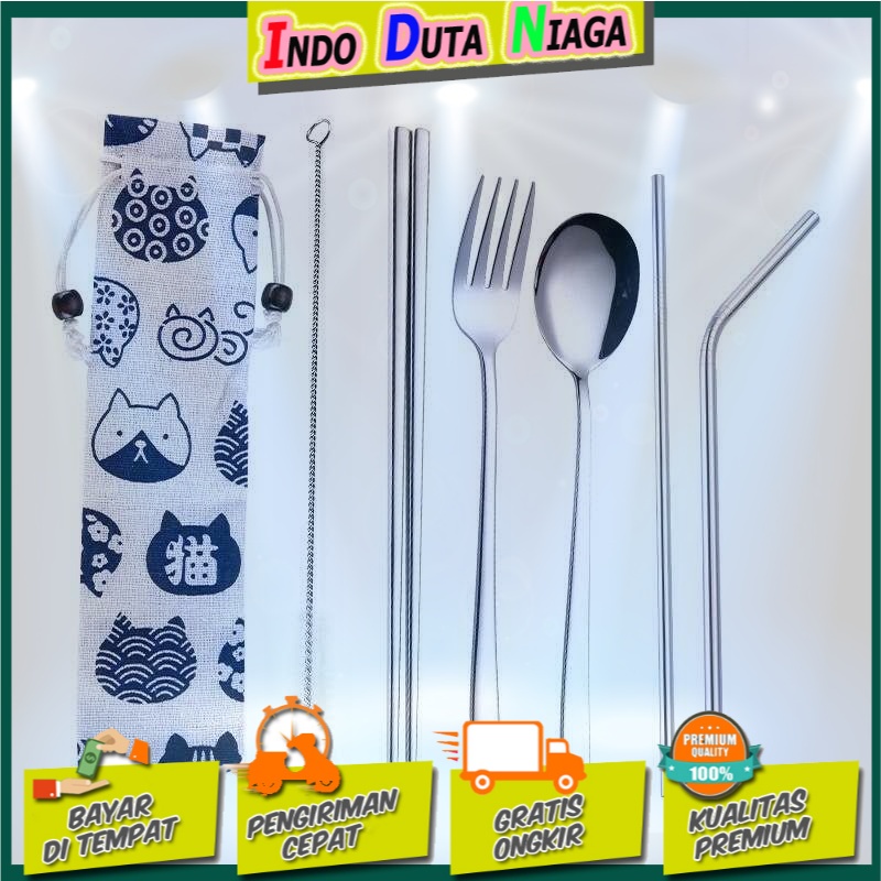 Tofok Cutlery Set Perlengkapan Makan Sendok Garpu Kitty Cloth Bag T5