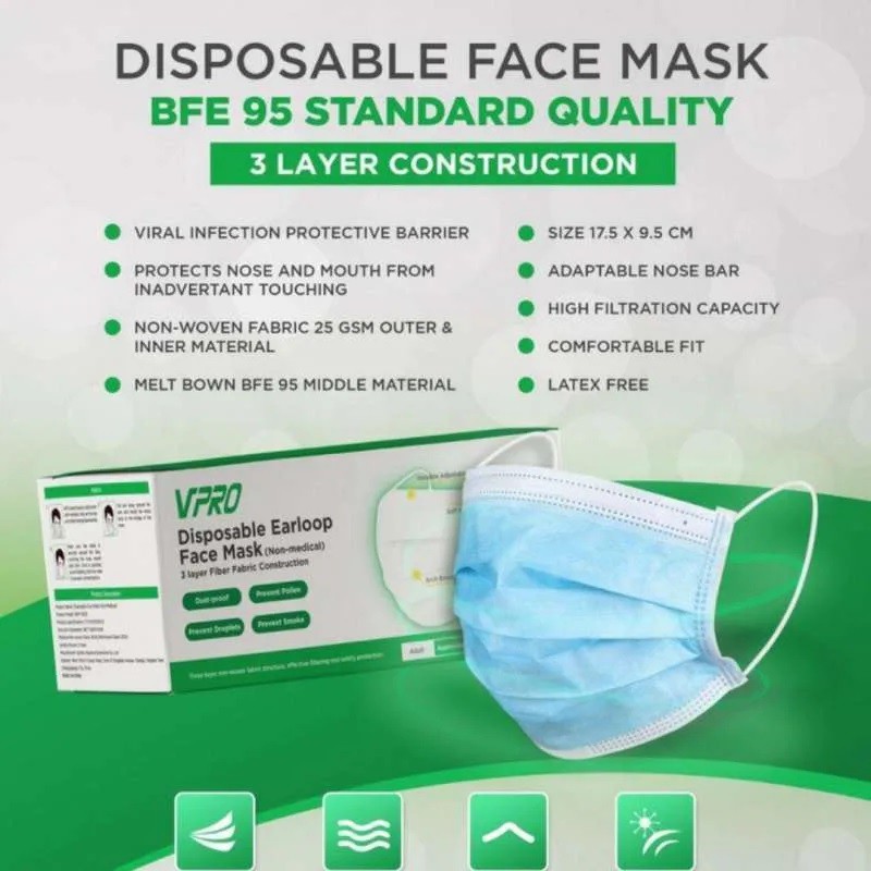 Masker Vpro Dewasa Non Medis 3 Ply Earloop Polos Sekali Pakai Face Mask Disposable